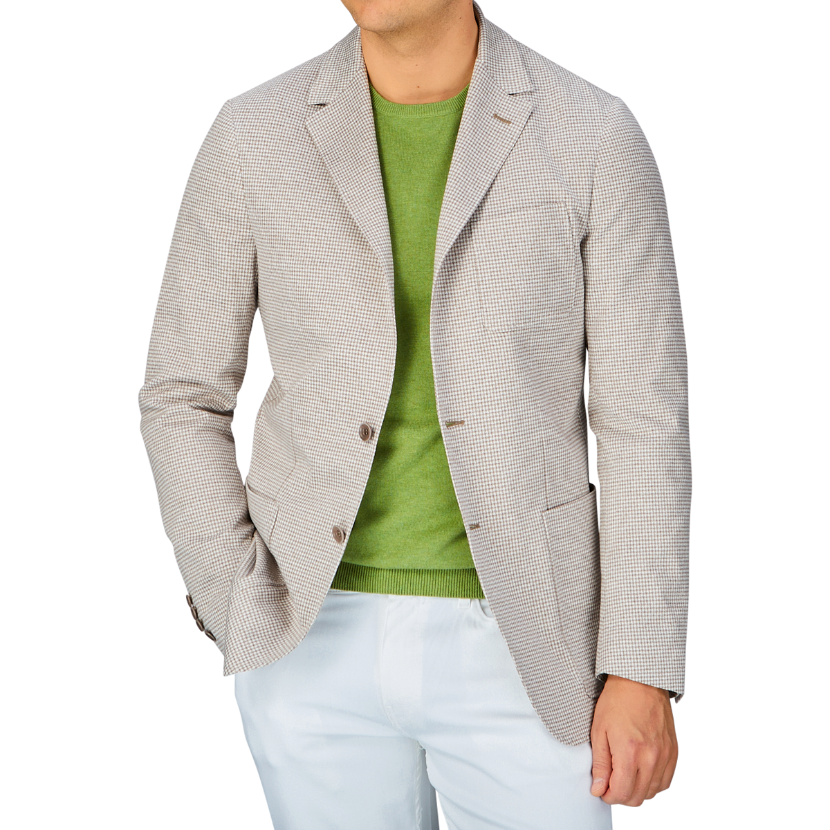 Man wearing a Canali Beige Houndstooth Cotton Jersey Blazer, green t-shirt, and white pants.
