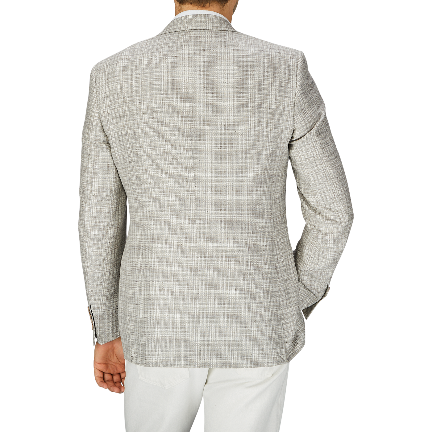Rear view of a person wearing a Canali Beige Melange Silk Wool Basketweave Blazer with white trousers on a gray background.