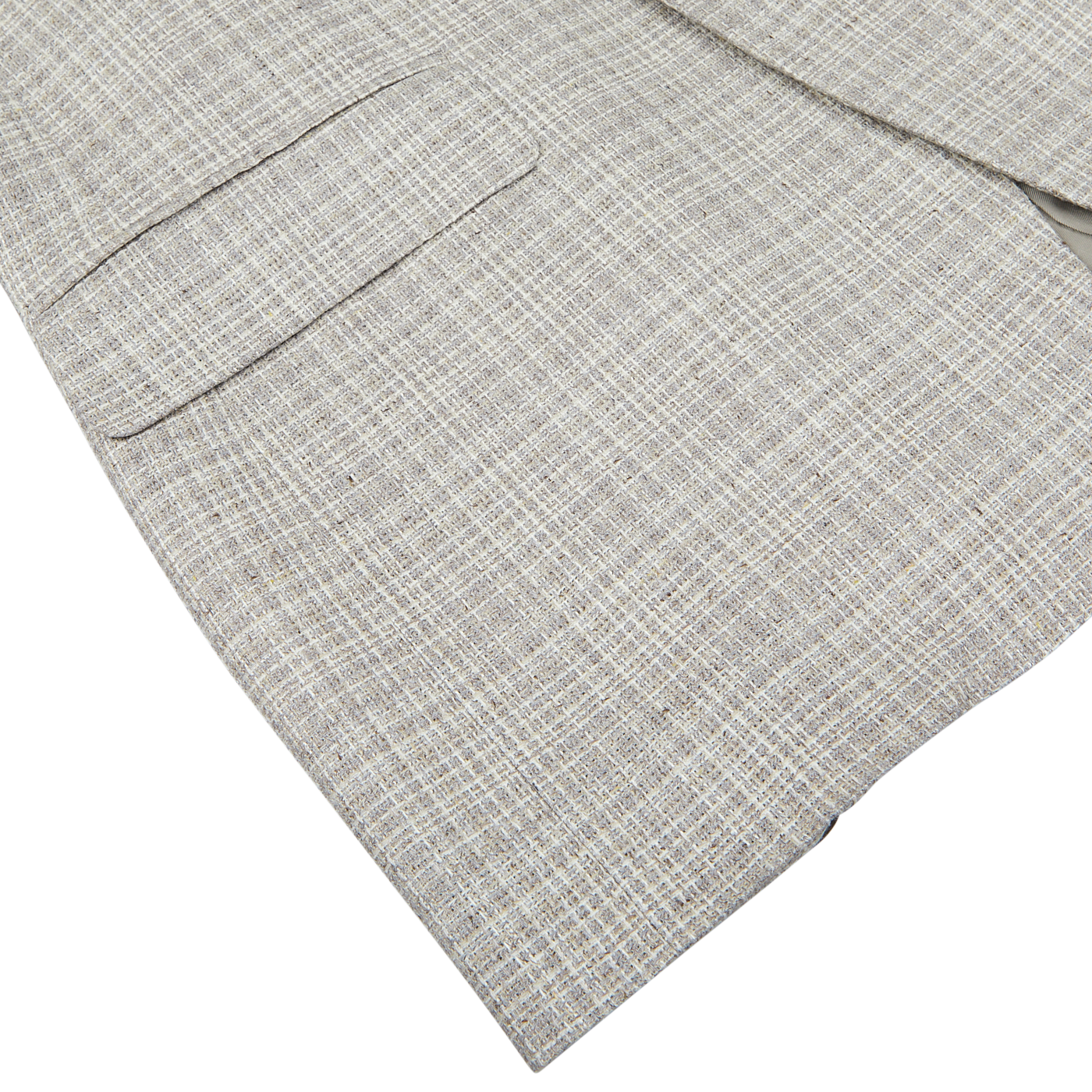Close-up of a Beige Melange Silk Wool Basketweave Blazer in gray textured fabric, possibly from Canali, displayed on a flat surface.