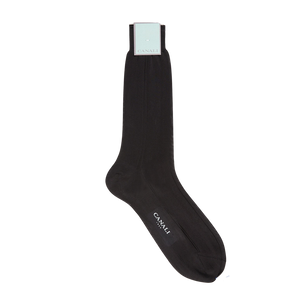A pair of Canali black ankle length silk dress socks on a white background.