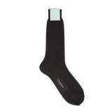 A pair of Canali black ankle length silk dress socks on a white background.