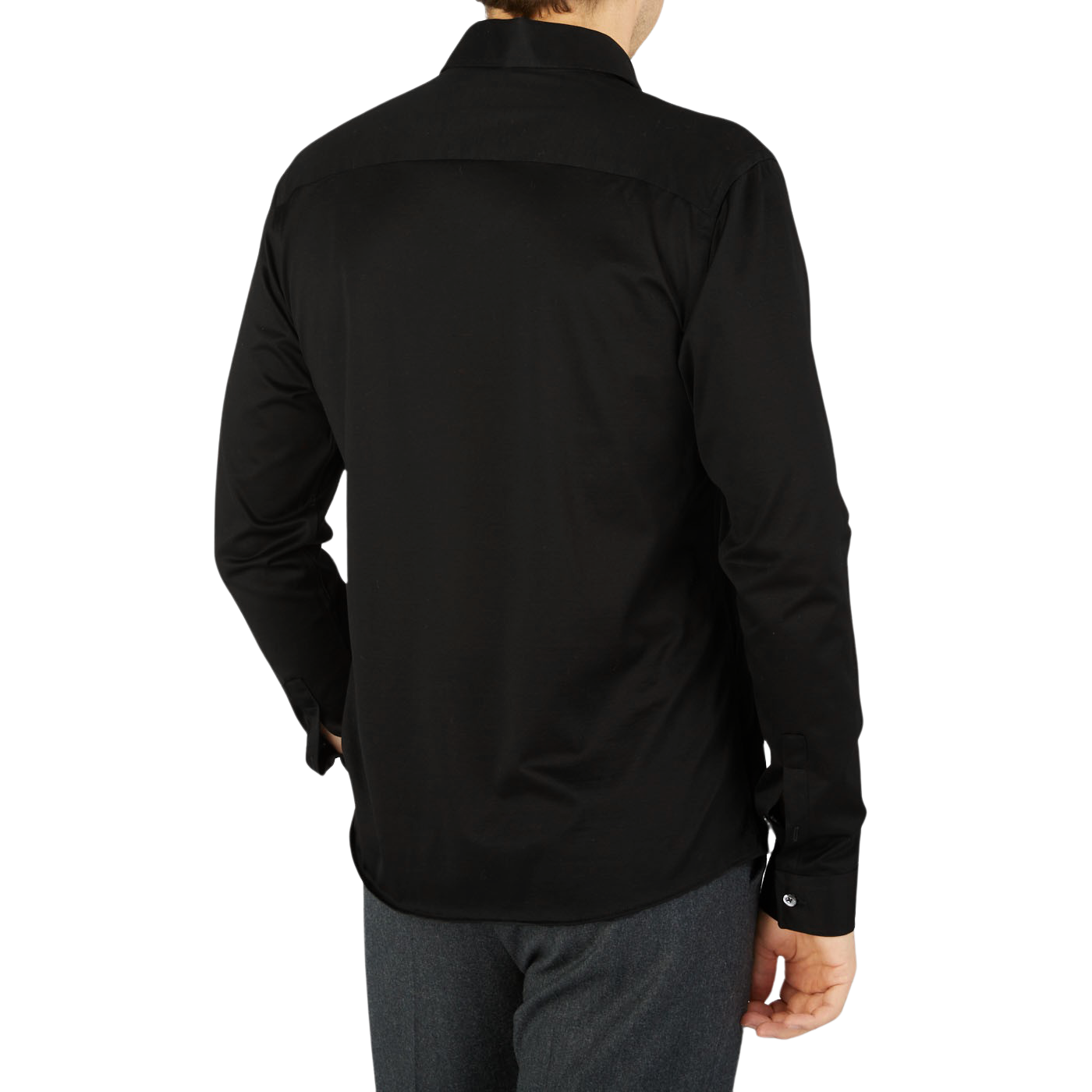 The back view of a contemporary man wearing a black Canali Black Cotton Jersey Casual Shirt.