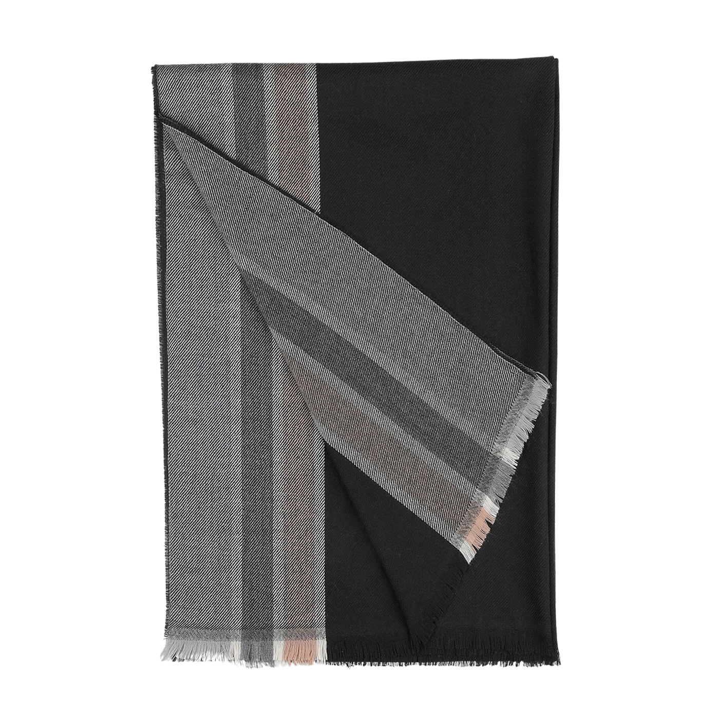 The Canali Black Grey Striped Wool Scarf showcases stripes in black and grey with contrasting gray and beige edges, and is expertly crafted from pure wool with elegant frayed ends.