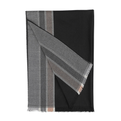 The Canali Black Grey Striped Wool Scarf showcases stripes in black and grey with contrasting gray and beige edges, and is expertly crafted from pure wool with elegant frayed ends.