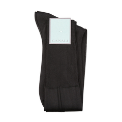 A pair of black Canali Black Knee Length Silk Dress Socks on a white background.