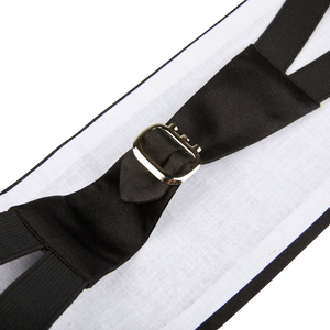 A Canali Black Pure Silk Pleated Cummerbund suspender with a buckle.
