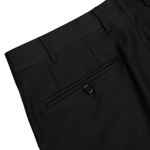 A classic close-up of Canali's Black Virgin Wool Twill Suit tuxedo pants for men.