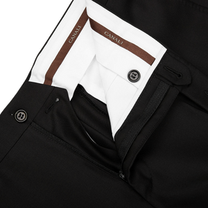 A timeless and classic close up of the pocket of a Canali Black Virgin Wool Twill Suit dress pant.