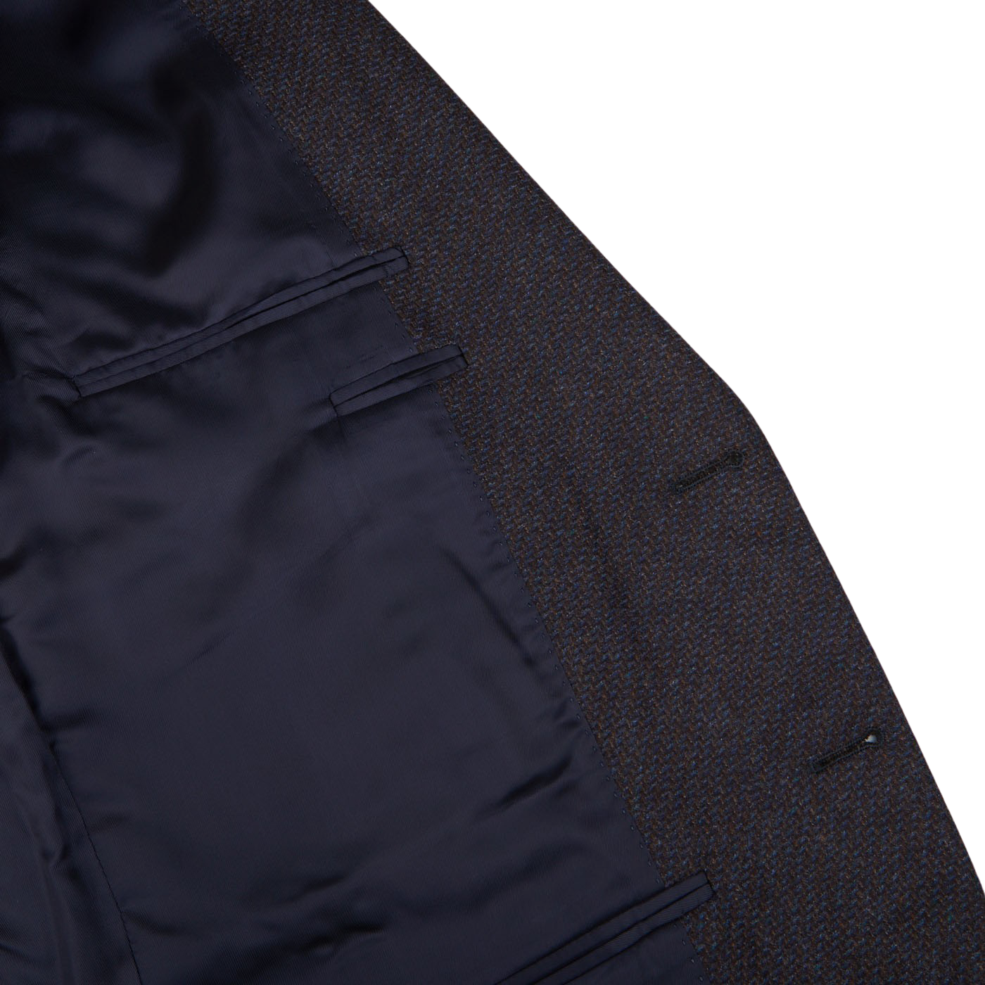 A close up of a Canali Blue Brown Zig Zag Wool Drop 6 Blazer.