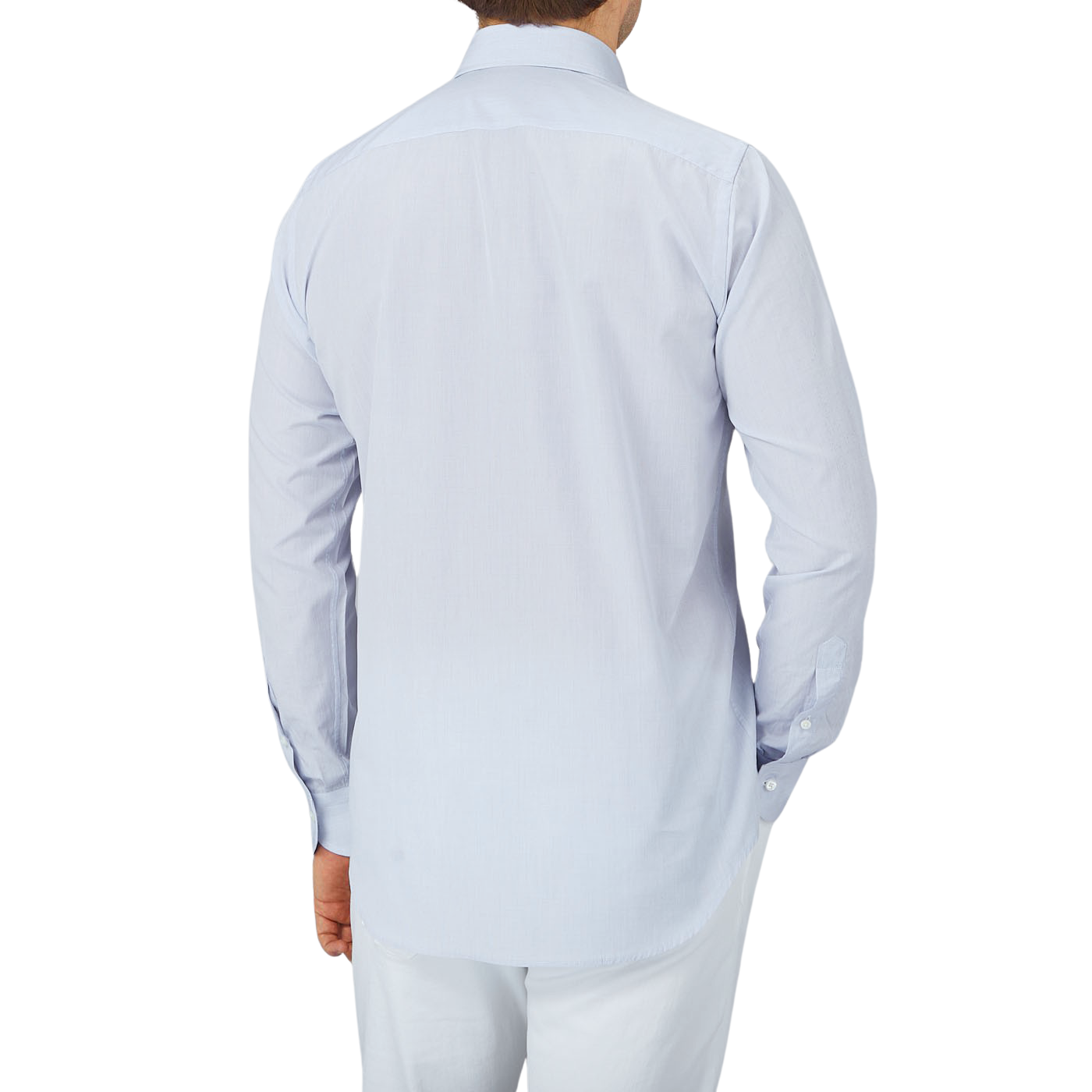 The back view of a Canali-clad man wearing a Blue Mini-Check Cotton Single Cuff Shirt and white pants from Italy.