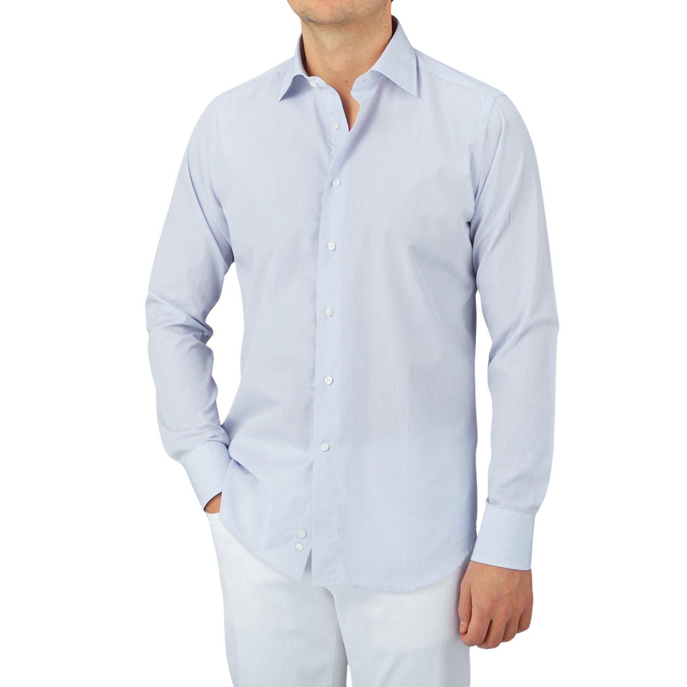 A man wearing a Canali Blue Mini-Check Cotton Single Cuff Shirt.
