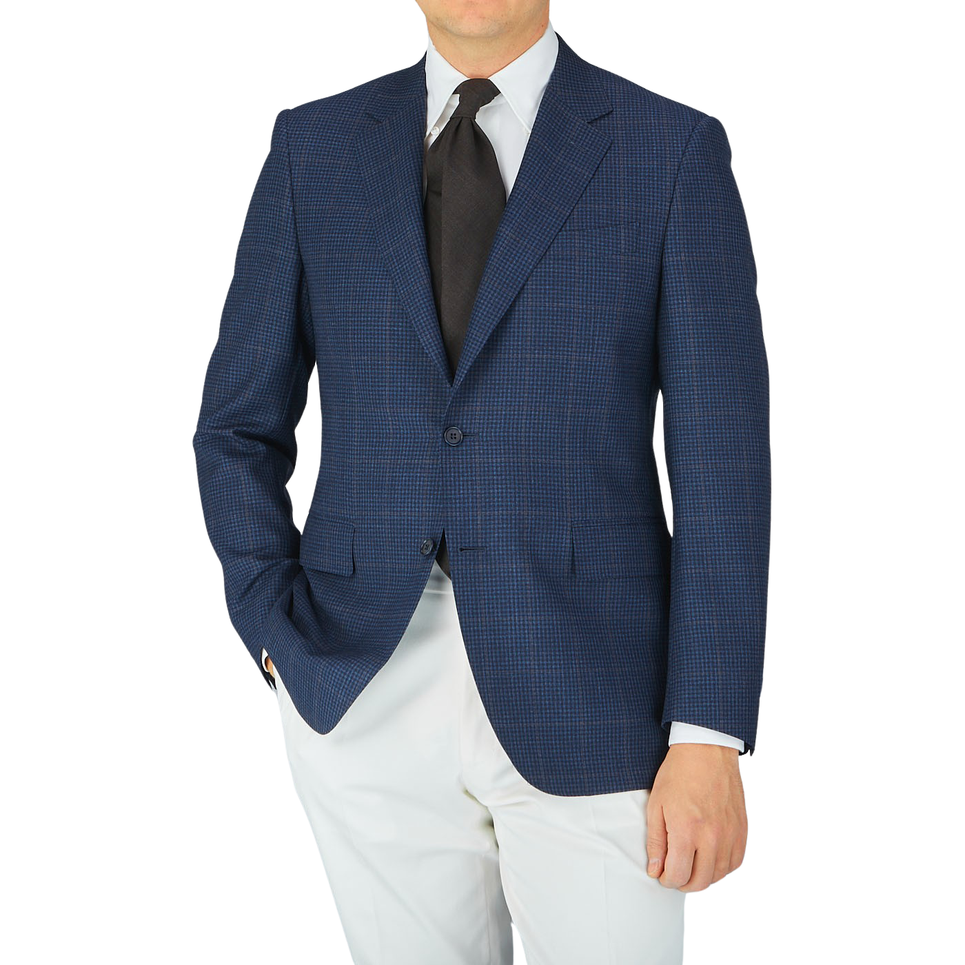 A man in a Canali Dark Blue Mini Gingham Wool Drop 6 Blazer, made with pure wool, posing for a photo.