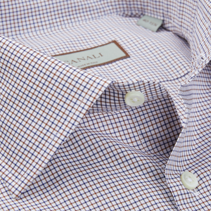 A close up of a Canali Brown Blue Checked Cotton Cut-Away Shirt from Italy.