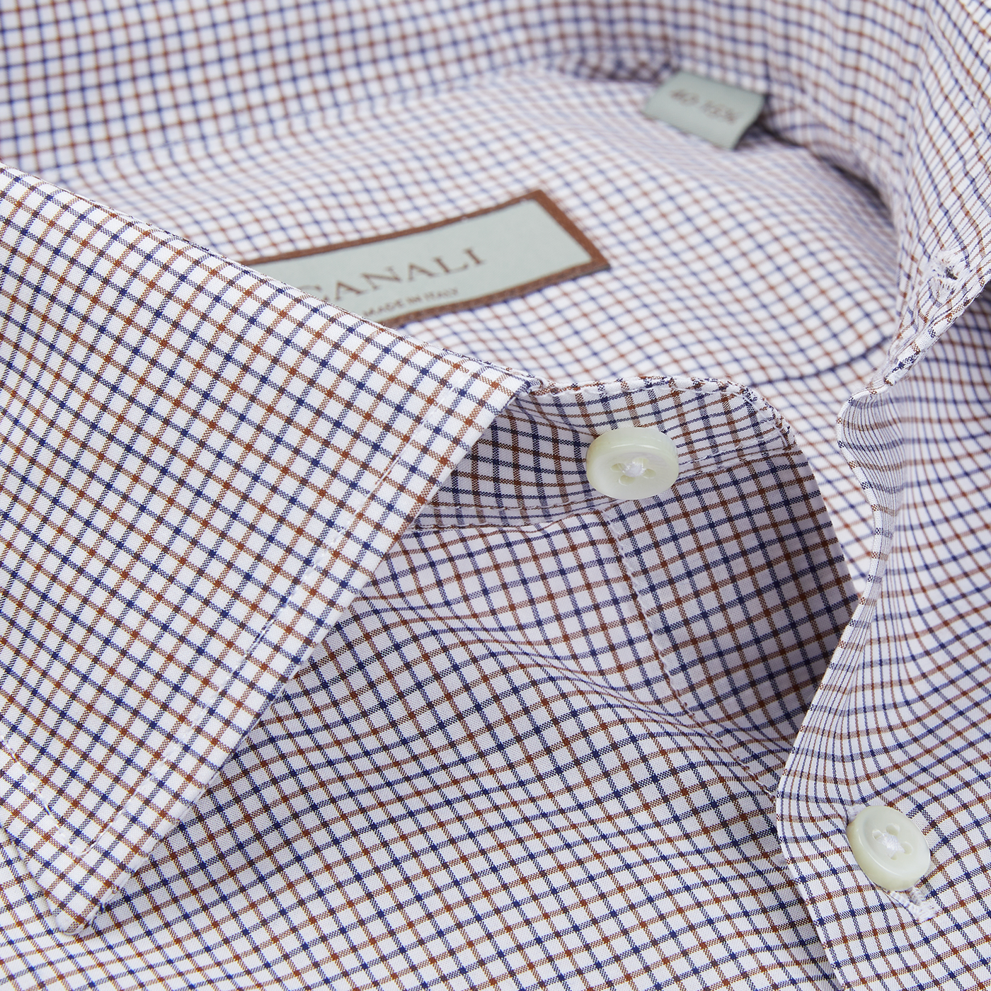 A close up of a Canali Brown Blue Checked Cotton Cut-Away Shirt from Italy.