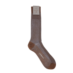 A pair of Canali Brown Blue Ribbed Cotton Vanisee socks, made with luxurious Egyptian cotton, displayed on a clean white background.