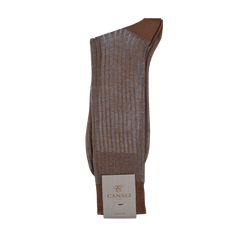 A pair of Brown Blue Ribbed Cotton Canali socks on a white background.