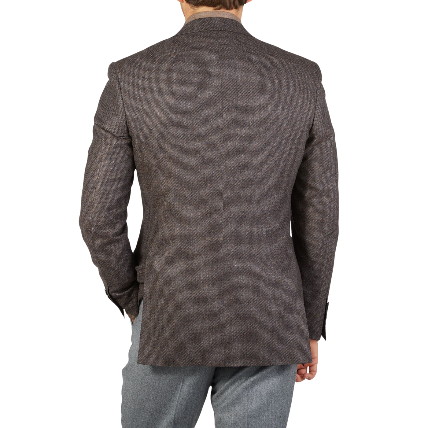 The back view of a man wearing a Canali Brown Grey Zig Zag Wool Drop 6 Blazer.