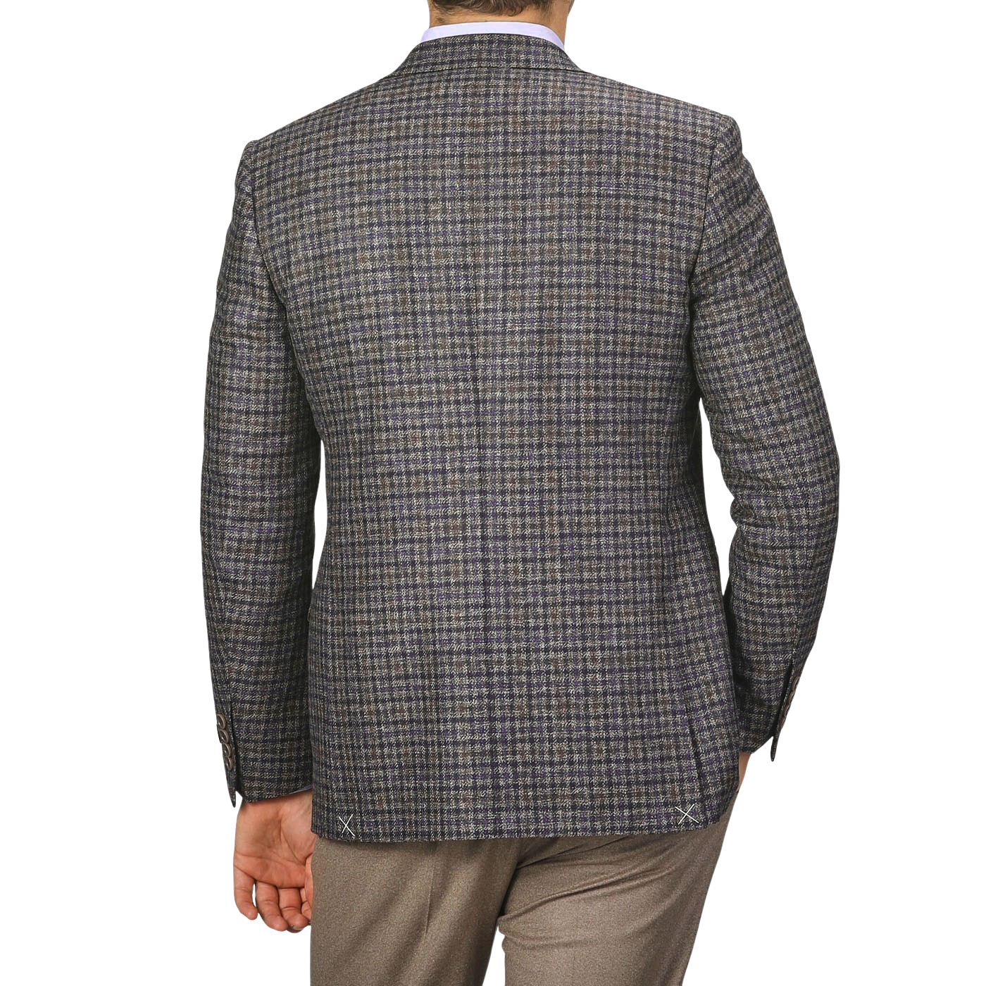 A person wearing a Canali Brown Gunclub Check Wool Drop 6 Blazer and brown trousers, photographed from behind.