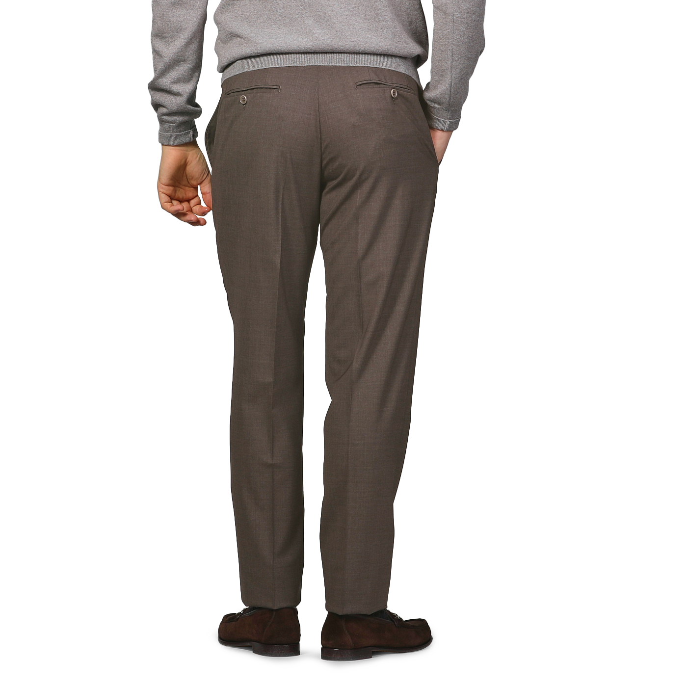 A person wearing a gray sweater and Canali's Brown Matte Wool Flat Front Trousers is standing with their back facing the camera.