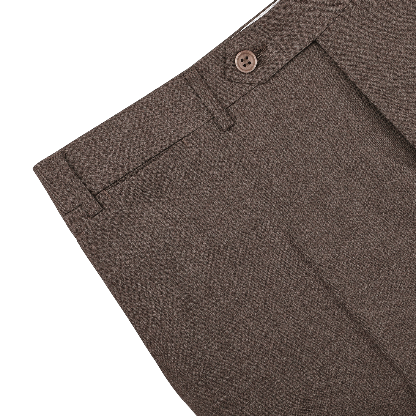 Close-up of Canali Brown Matte Wool Flat Front Trousers featuring a button and belt loops on a white background.