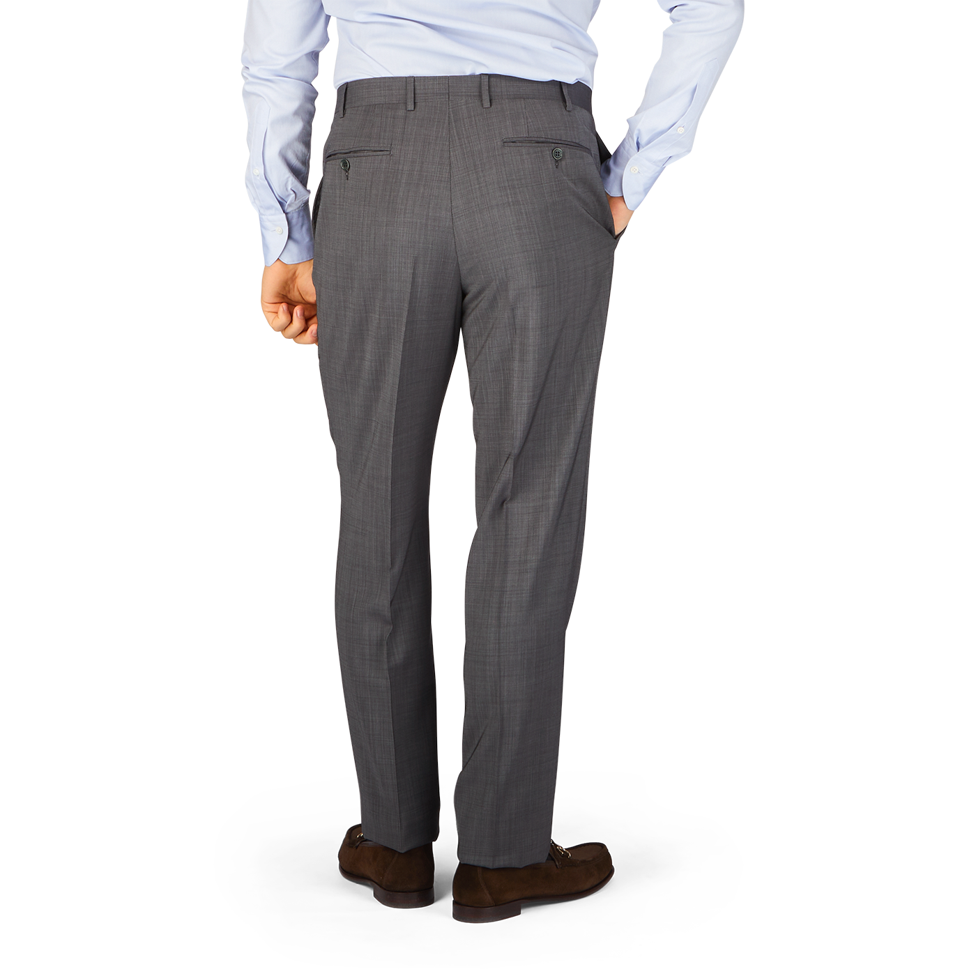 A man wearing Canali Charcoal Wool End On End Flat Front Trousers.
