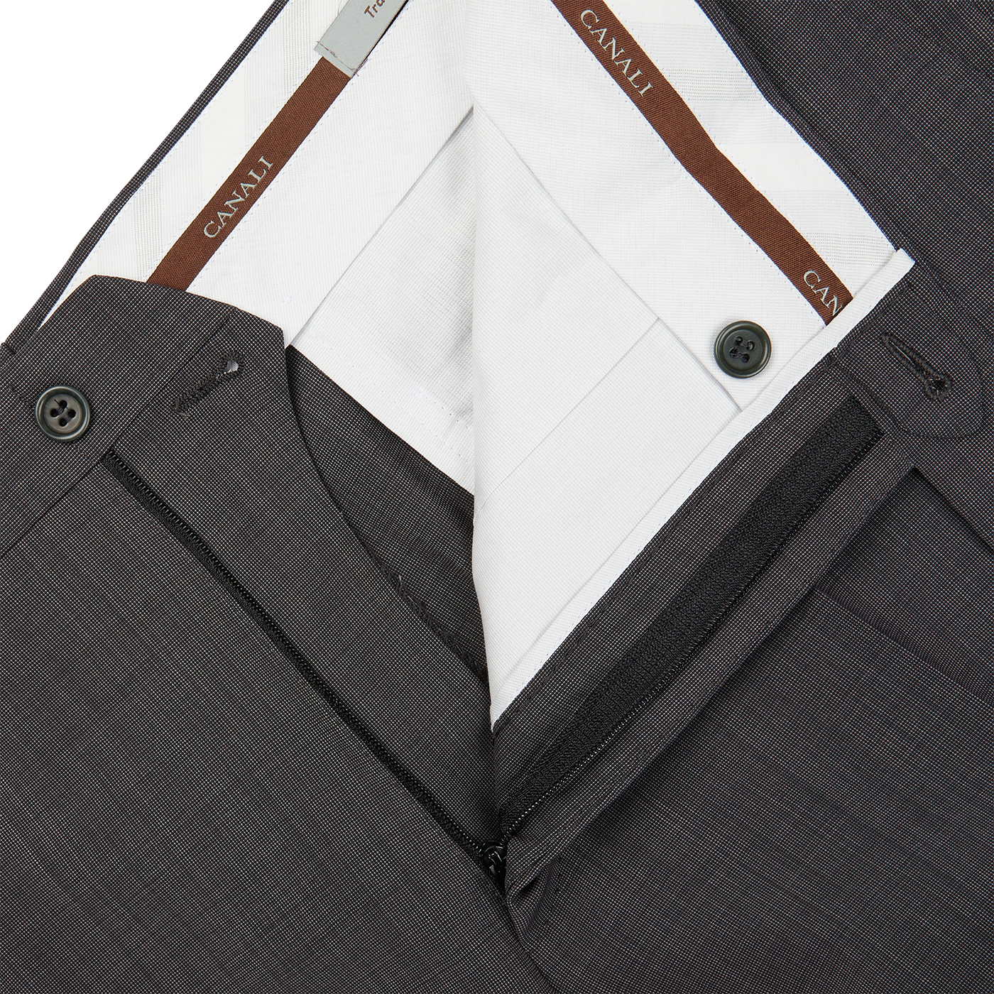 A formal pair of Charcoal Wool End On End Flat Front Trousers from Canali with a side pocket.