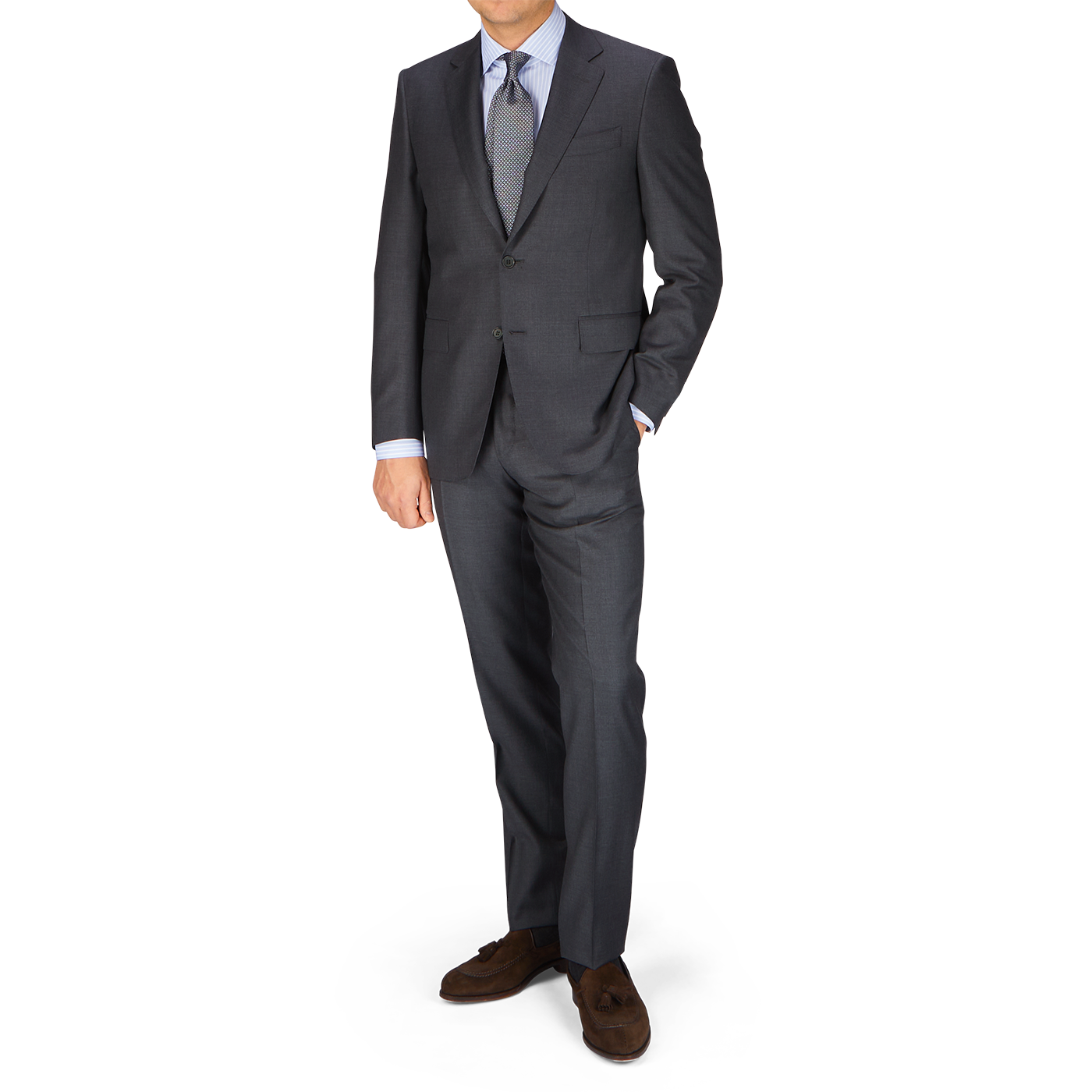 A man in a timeless Canali Charcoal Grey Wool Notch Lapel Suit.