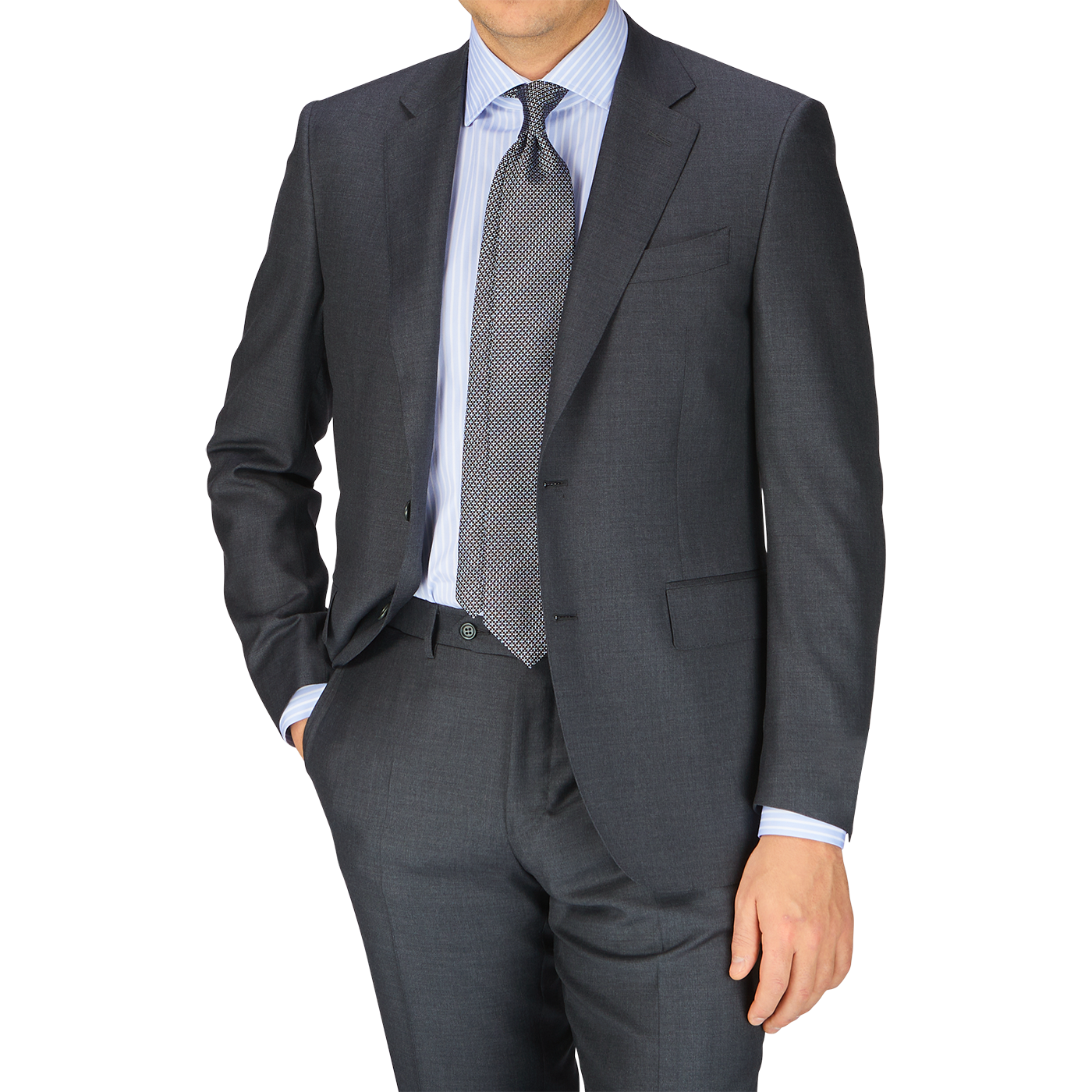A man in a Canali Charcoal Grey Wool Notch Lapel Suit looks timeless and formal.