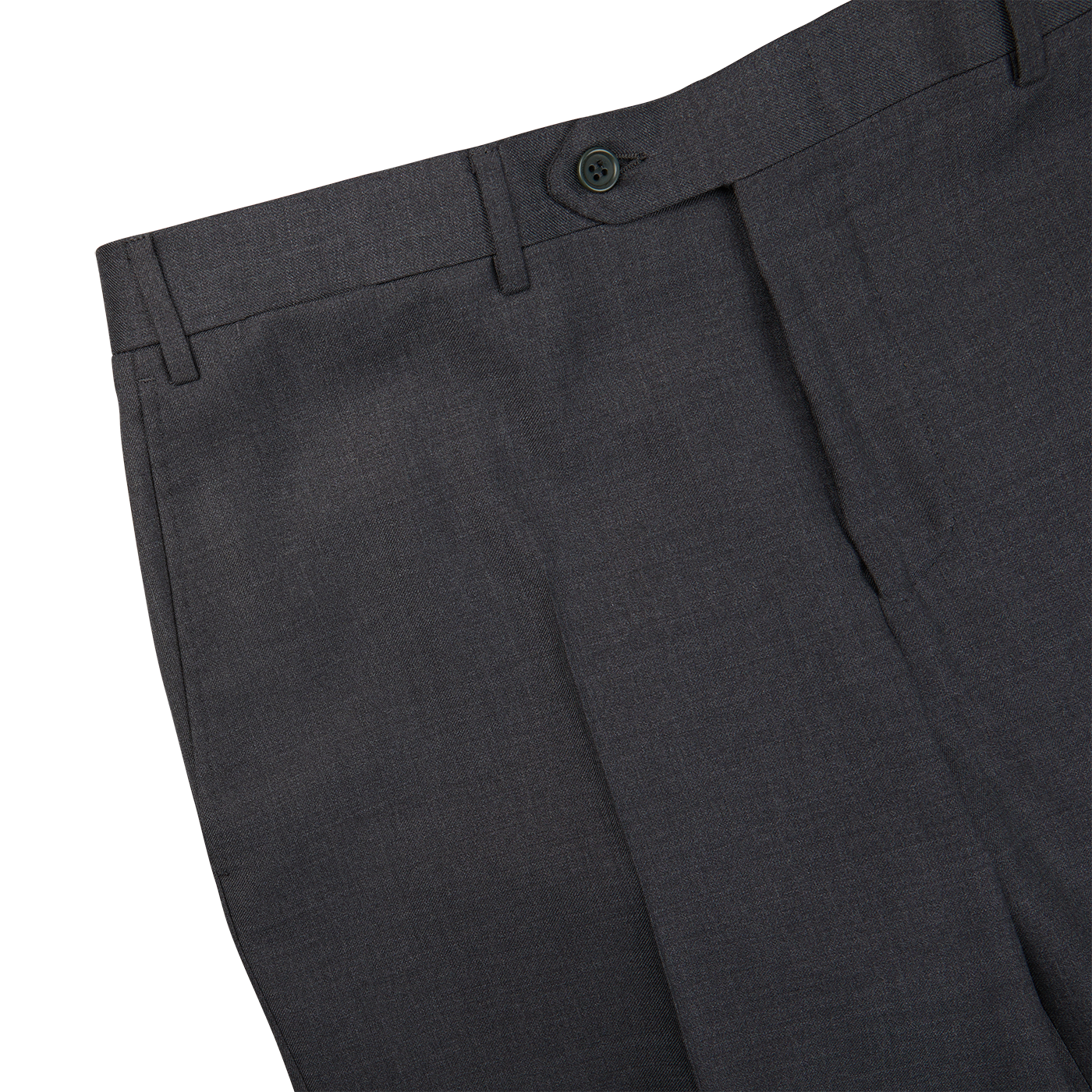 A close up image of a Canali Charcoal Grey Wool Notch Lapel Suit pant, formal and timeless in style.
