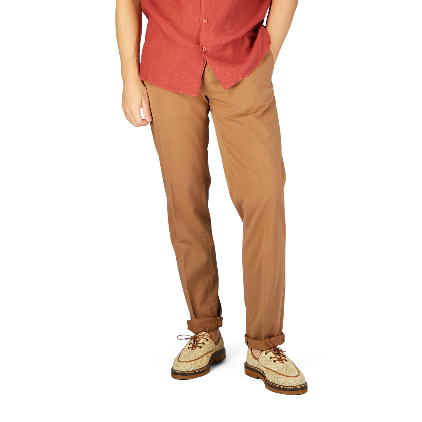 A man in a red shirt and Canali terracotta cotton stretch flat front chinos.