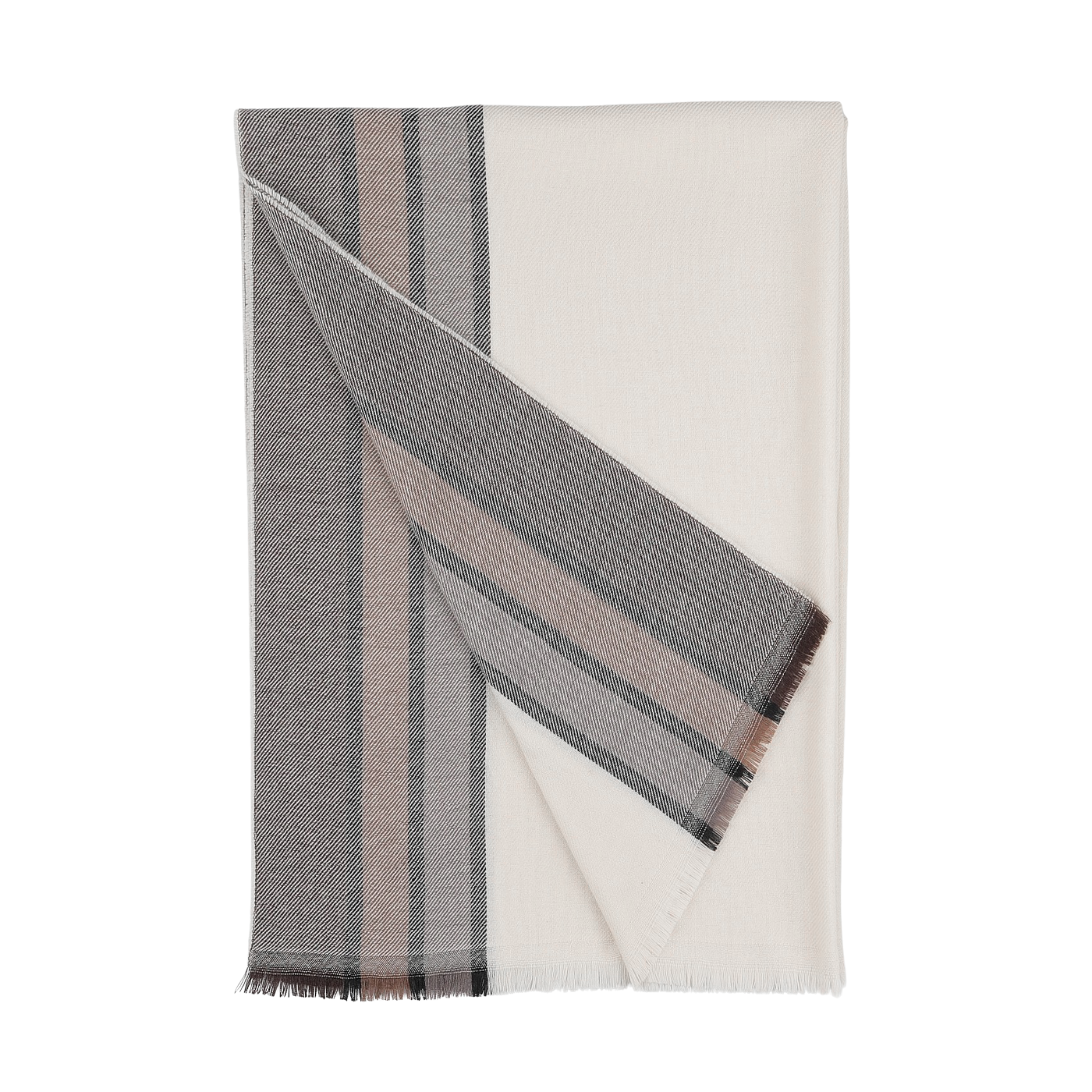 The sophisticated Cream Brown Striped Wool Scarf from Canali is made entirely of wool, showcasing a folded beige design accented with gray and brown stripes on a fresh white base.