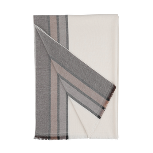 The sophisticated Cream Brown Striped Wool Scarf from Canali is made entirely of wool, showcasing a folded beige design accented with gray and brown stripes on a fresh white base.