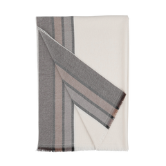 The sophisticated Cream Brown Striped Wool Scarf from Canali is made entirely of wool, showcasing a folded beige design accented with gray and brown stripes on a fresh white base.