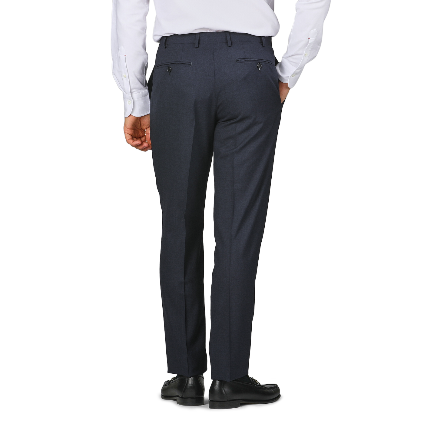 A person in a white shirt and Canali Dark Blue Melange Wool Flat Front Trousers with side pockets, standing with their back to the camera.