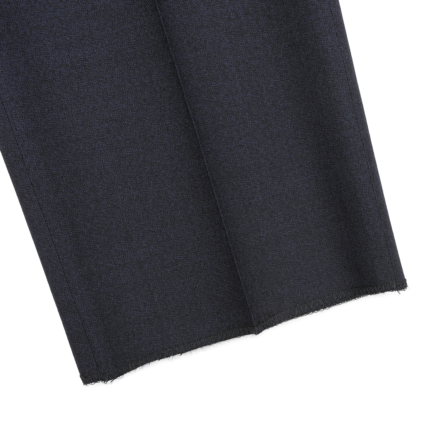 Close-up of Canali's Dark Blue Melange Wool Flat Front Trousers, showcasing the cleanly cut, unhemmed edges against a light gray background.