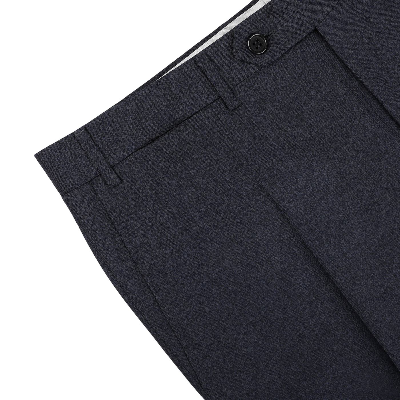 Detailed view of the Canali Dark Blue Melange Wool Flat Front Trousers, showcasing a black button and belt loops against a light gray background.