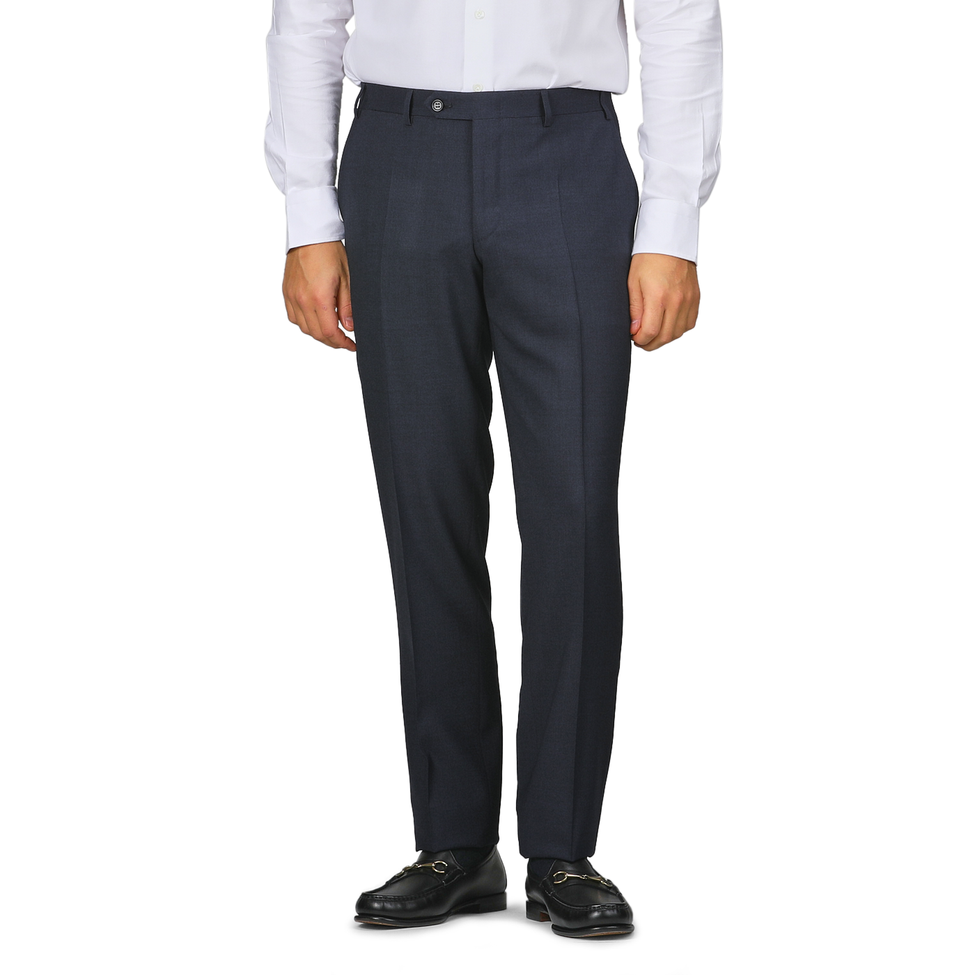 A person in a white shirt, Canali Dark Blue Melange Wool Flat Front Trousers with customizable length, and black loafers stands against a plain background.