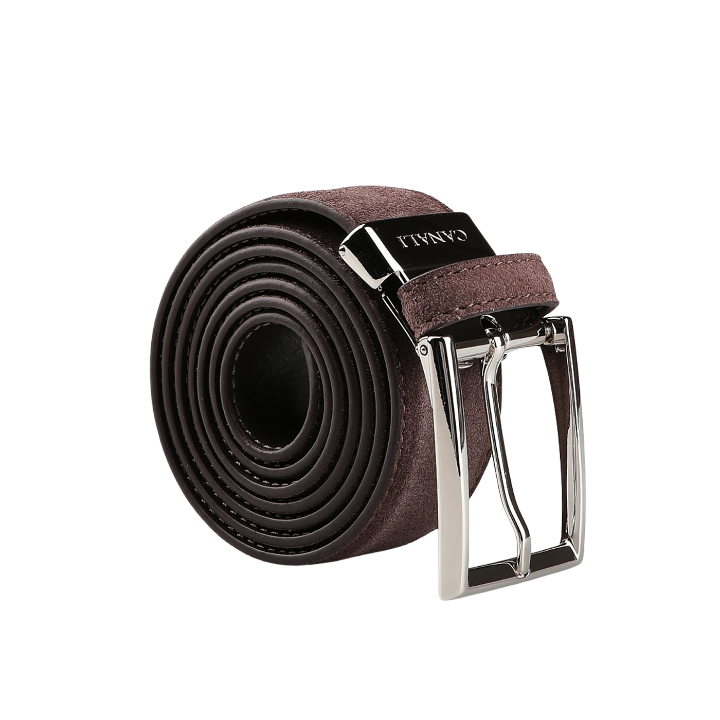 A rolled-up Canali Dark Brown Suede Leather 35mm Belt with a shiny silver buckle, made in Italy, rests on a white background.