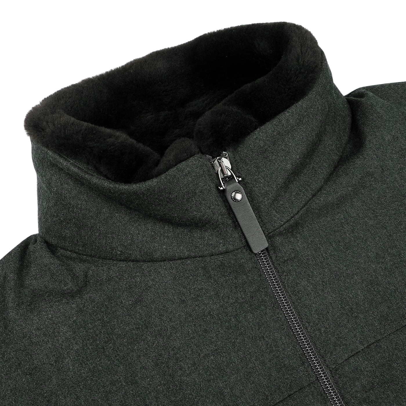 Close-up of a dark green bomber jacket with a high collar and zipper. The collar, lined with black faux fur, is detachable for versatility. Made by Canali, the wool exterior adds elegance while being rain-resistant, ensuring style and function in any weather.