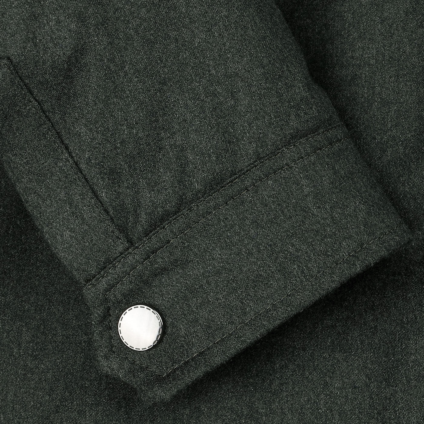 Close-up of the Dark Green Wool Fur Collar Bomber Jacket by Canali, showcasing its wool exterior for added warmth, with a visible white button and detailed stitching on the fabric sleeve.