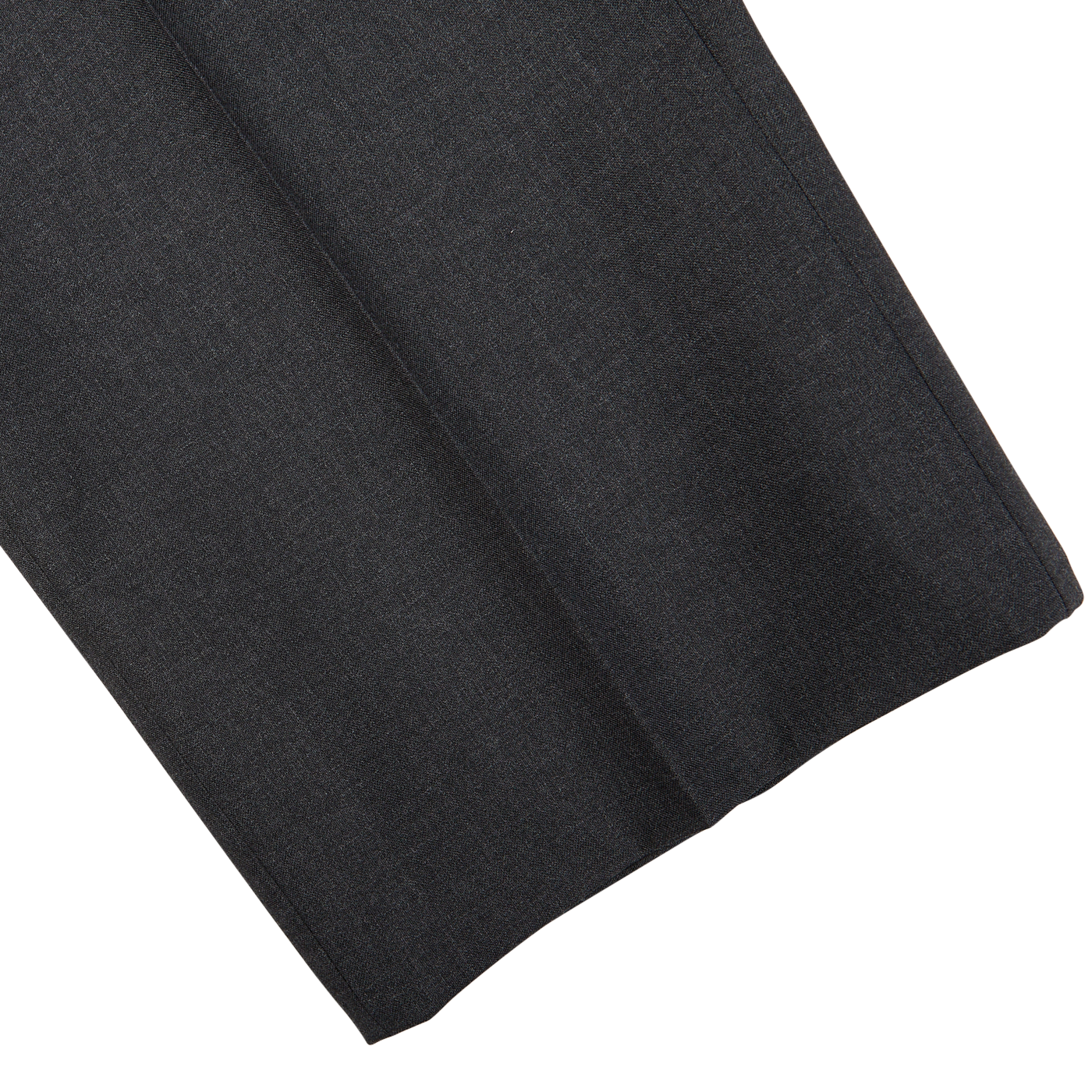 Dark grey Canali tropical wool flat front trousers draped on a white surface.