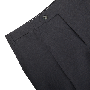 Tailored Dark Grey Tropical Wool Flat Front Trousers from Canali with a button closure on a white background.