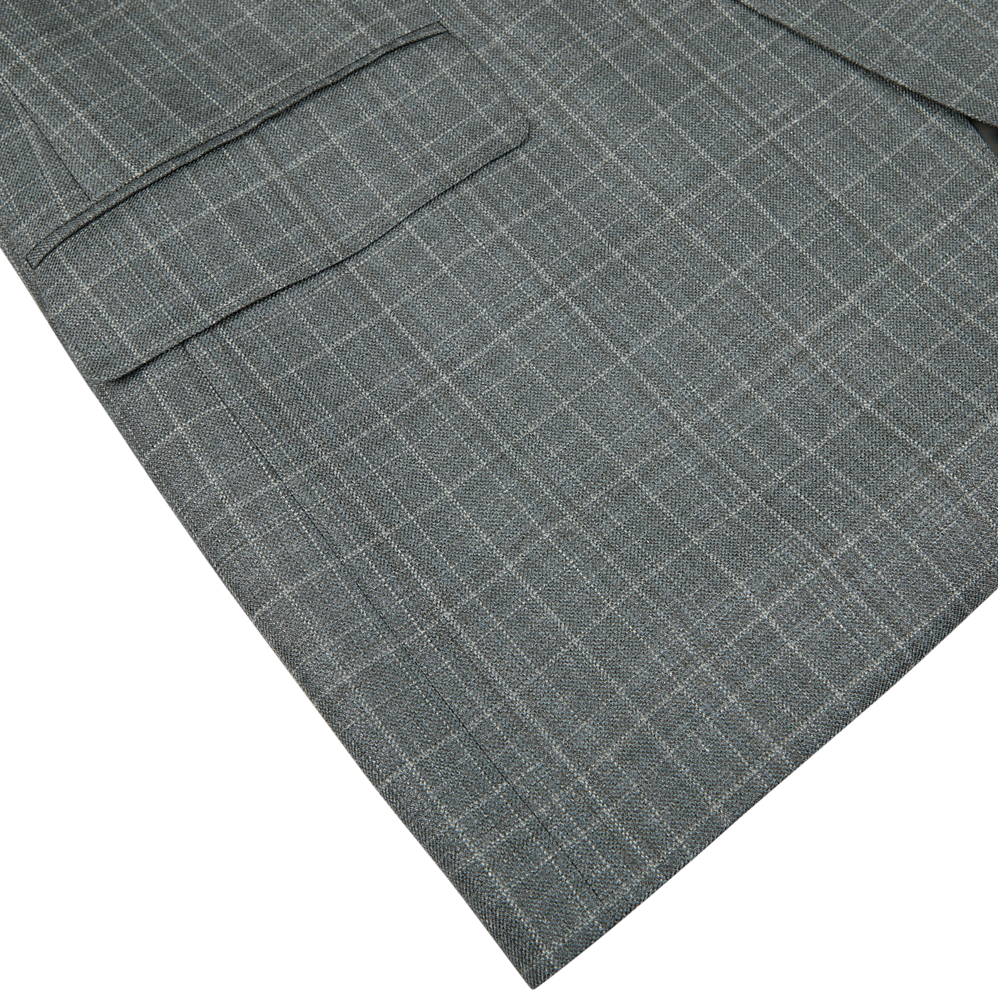 Close-up of a Canali Green Checked Wool Silk Linen Blazer with visible texture and pockets, laid out on a white background.