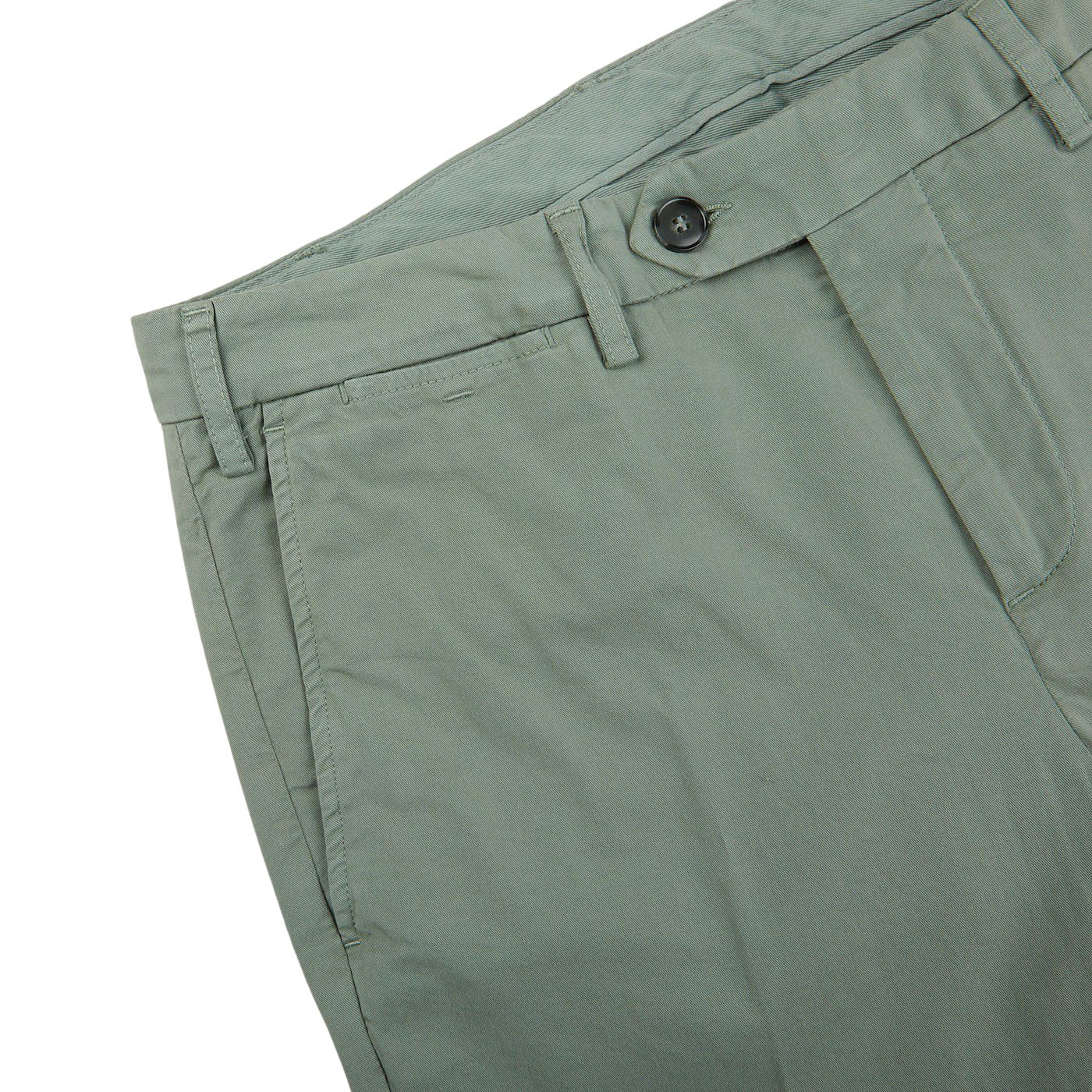 A close up of Canali men's Sage Green Cotton Stretch Flat Front Chinos.