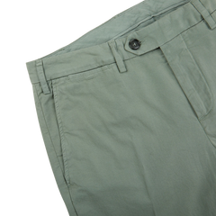 A close up of Canali men's Sage Green Cotton Stretch Flat Front Chinos.