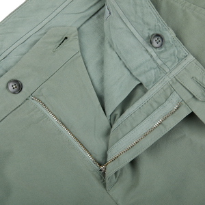 A close up of a zipper on Canali Sage Green Cotton Stretch Flat Front Chinos.