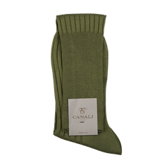 A pair of Canali Green Knee Long Ribbed Cotton Socks with a tag on them.