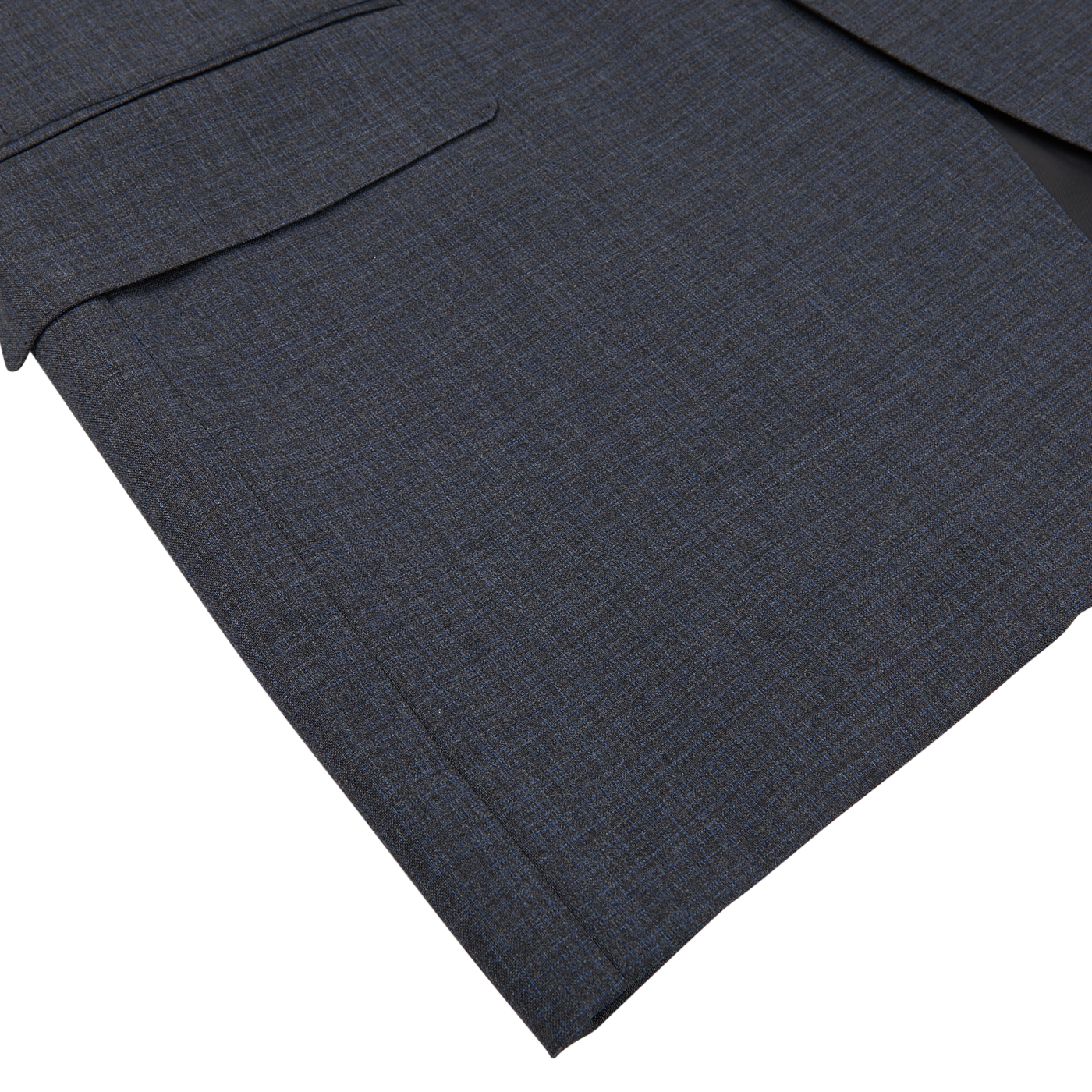 Close-up of a dark blue Canali Grey-Blue Melange Wool Suit fabric with visible weaves and tailored seams, displayed against a white background.