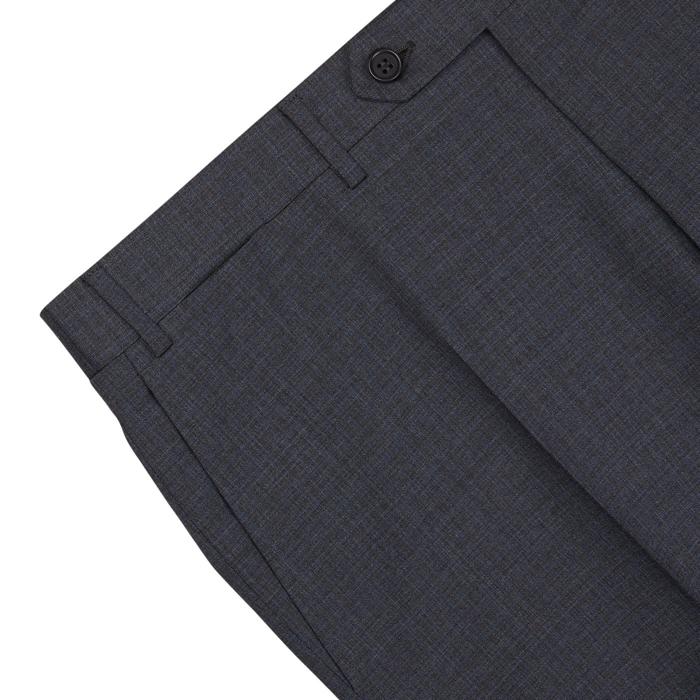 Close-up of a pair of grey-blue Canali suit pants with pockets, displaying a fine check pattern and a single button closure.