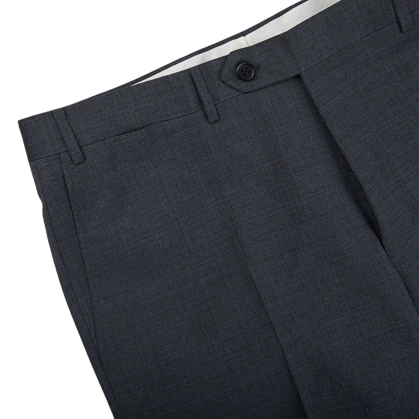 A close up of a Canali Grey Blue Melange Checked Wool Trousers suit pants.